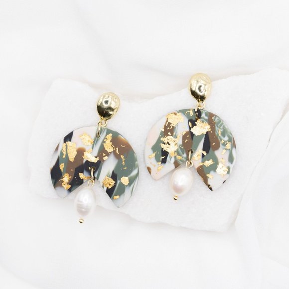 Green + Gold Clay Earrings, Lightweight Earrings, Handmade Polymer Clay Earrings - Picture 1 of 5